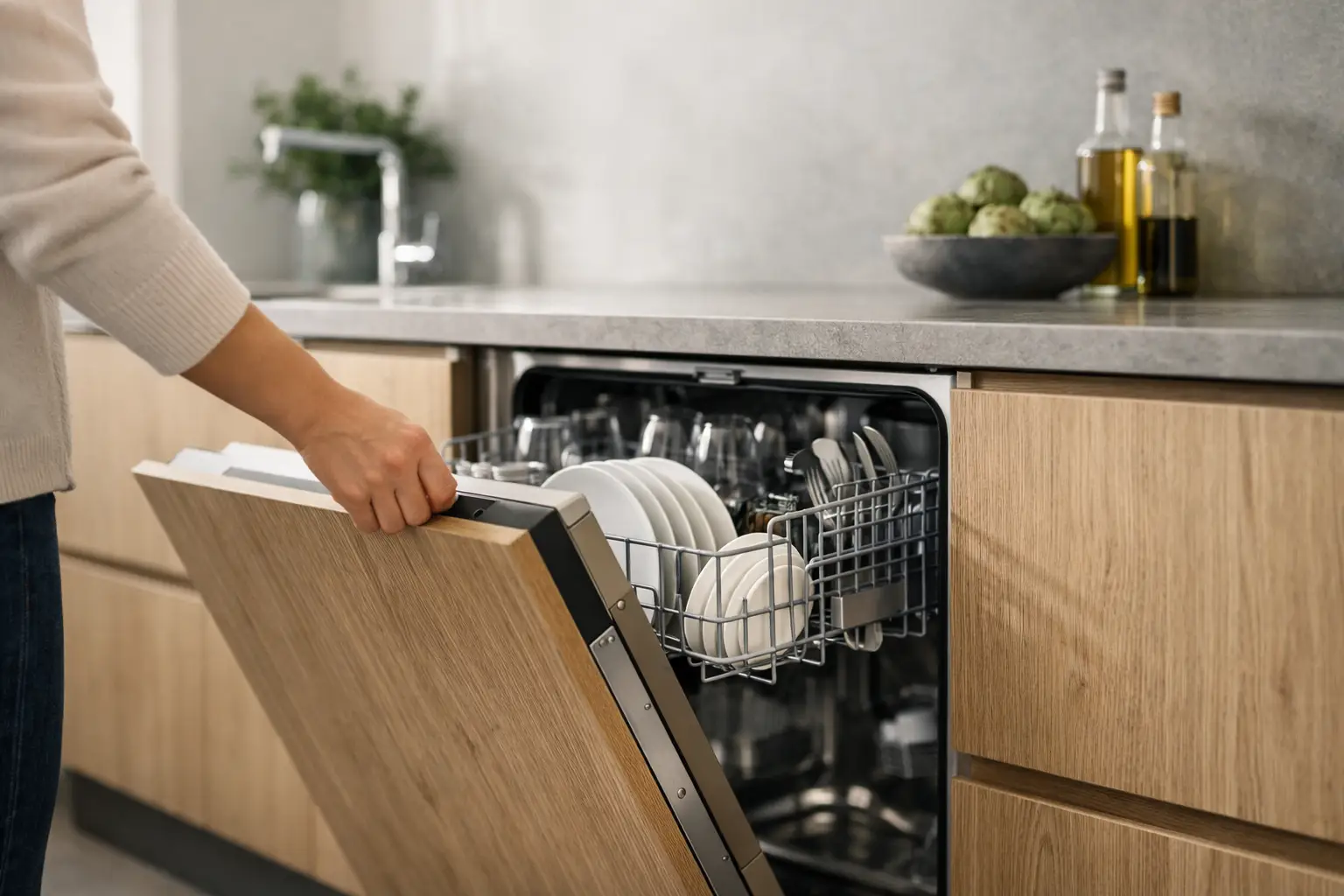 Person unloading a built-in dishwasher in a modern kitchen, with plates and glasses in the rack.