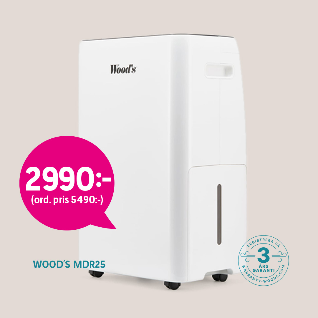 White Woods MDR25 dehumidifier with a pink price bubble reading 2990:- on a beige background, plus a 3-year warranty seal.