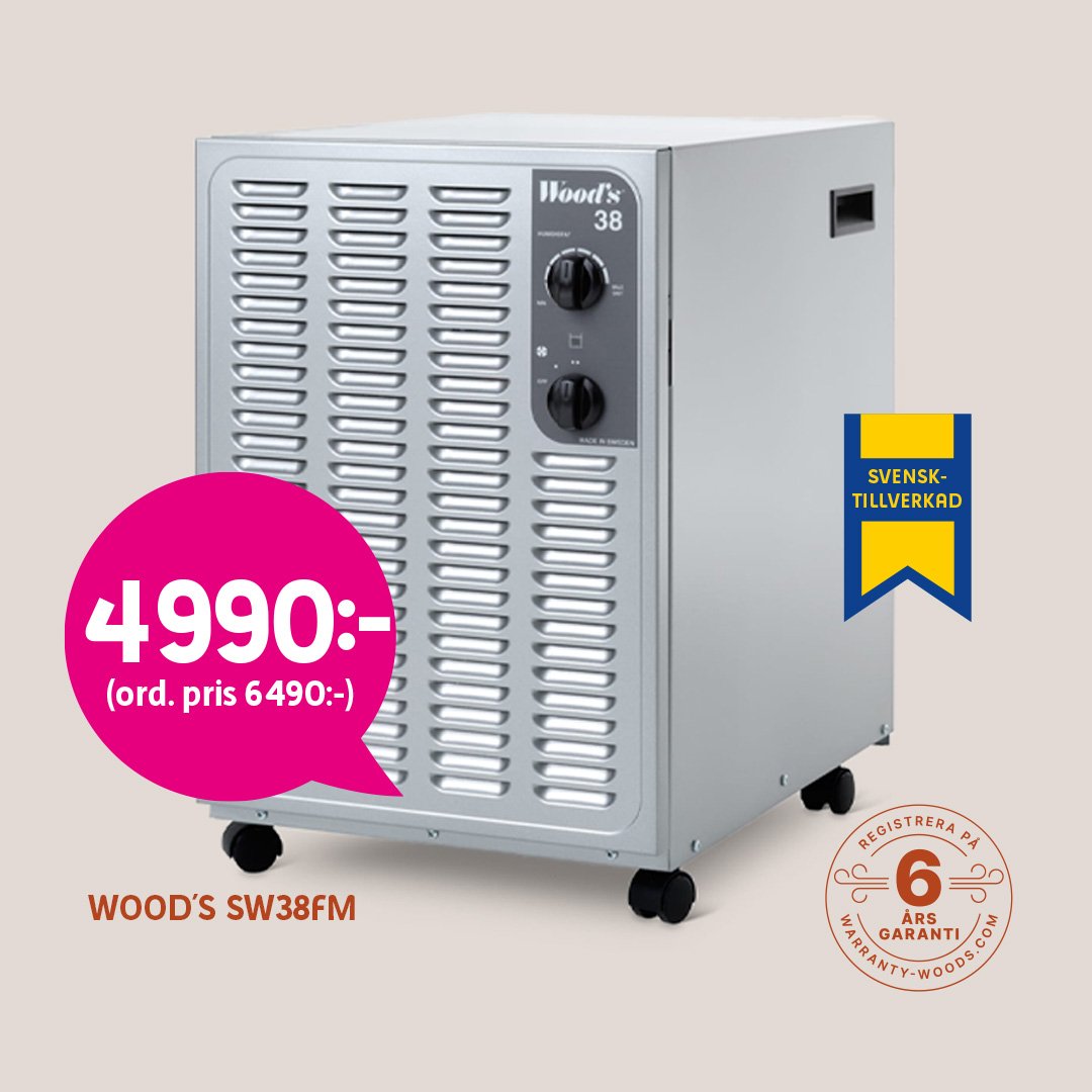 Wood's SW38FM dehumidifier on wheels, price 4990 SEK, with Swedish manufacturing badge.