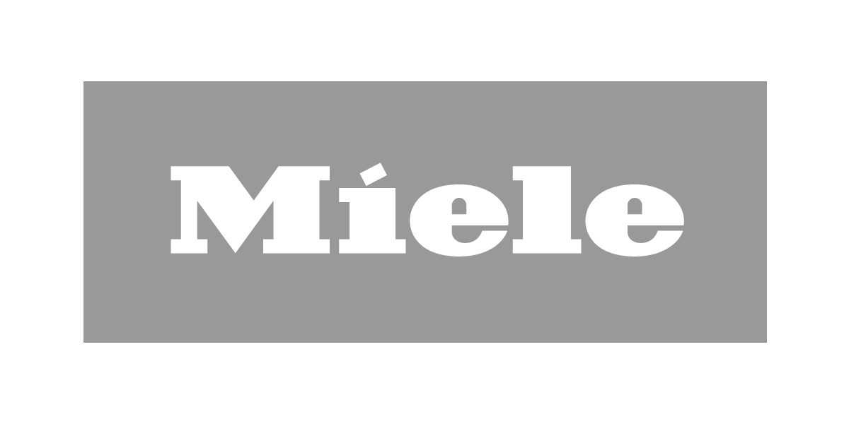 Miele logo in white on a gray rectangle background, centered text
